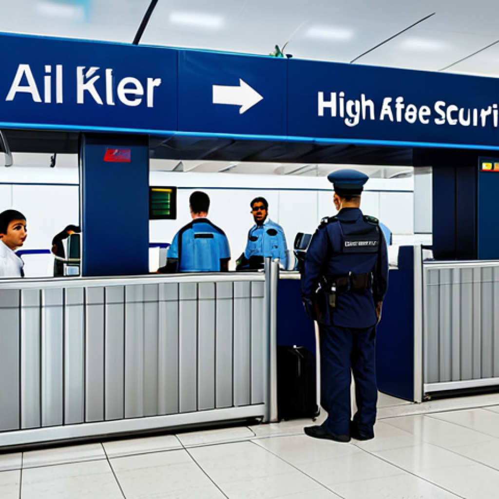 Modern Airport Security**

"A busy, modern airport security checkpoint with advanced scanning technology, fully clothed security personnel in professional uniforms assisting diverse travelers, appropriate signage in Arabic, safe for work, perfect anatomy, natural proportions, bright lighting, family-friendly, professional."

**